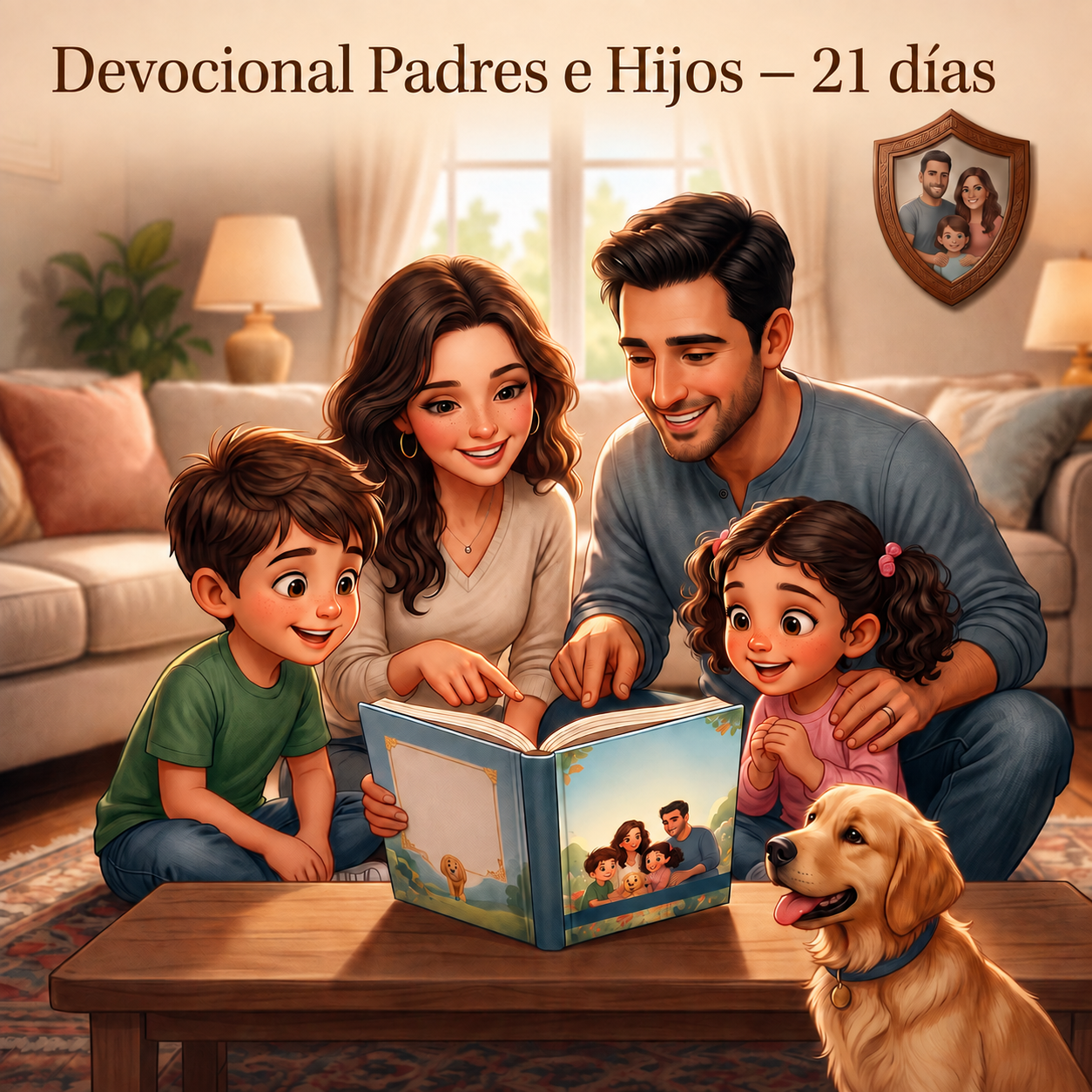Ilustración de una familia leyendo junta el devocional Padres e Hijos
