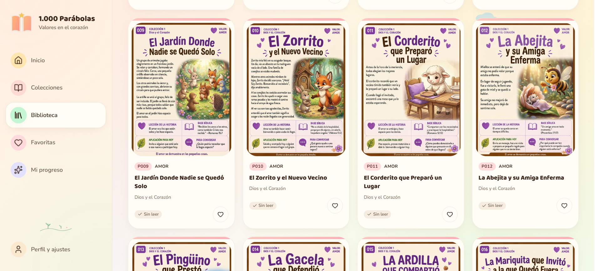 Biblioteca de Mil Parábolas con tarjetas ilustradas en computadora