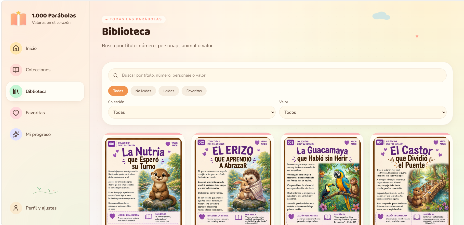 Biblioteca con búsqueda y filtros en computadora