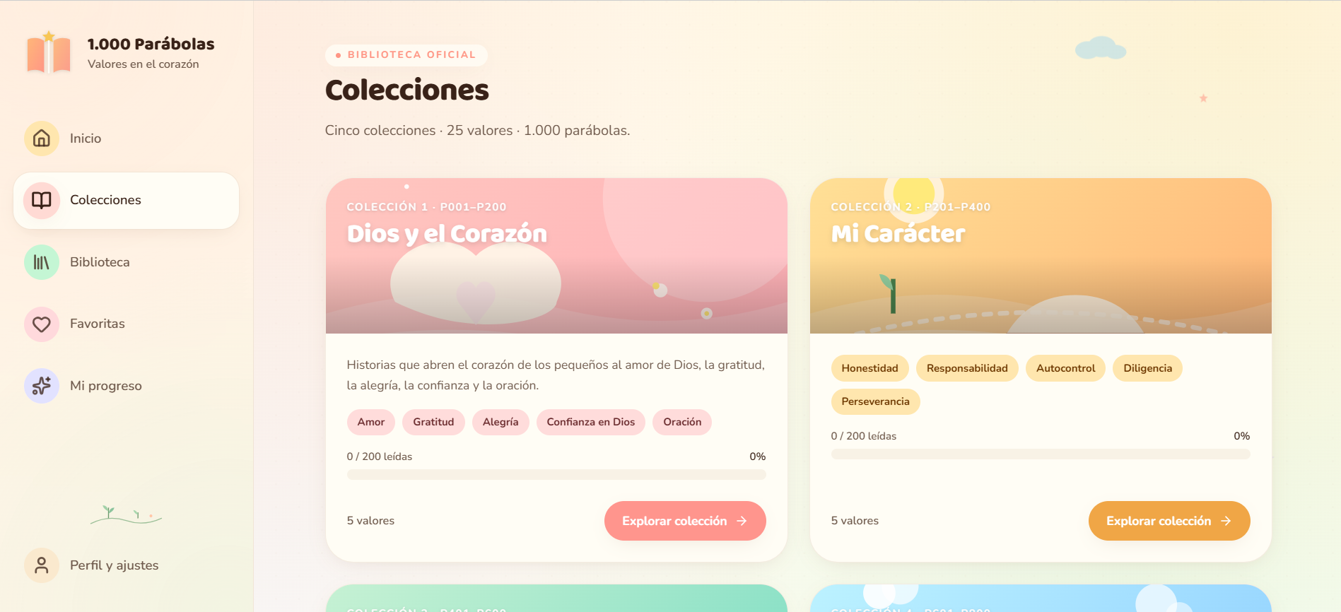 Pantalla de colecciones de Mil Parábolas en computadora