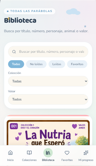 Biblioteca con filtros en celular con tema azul