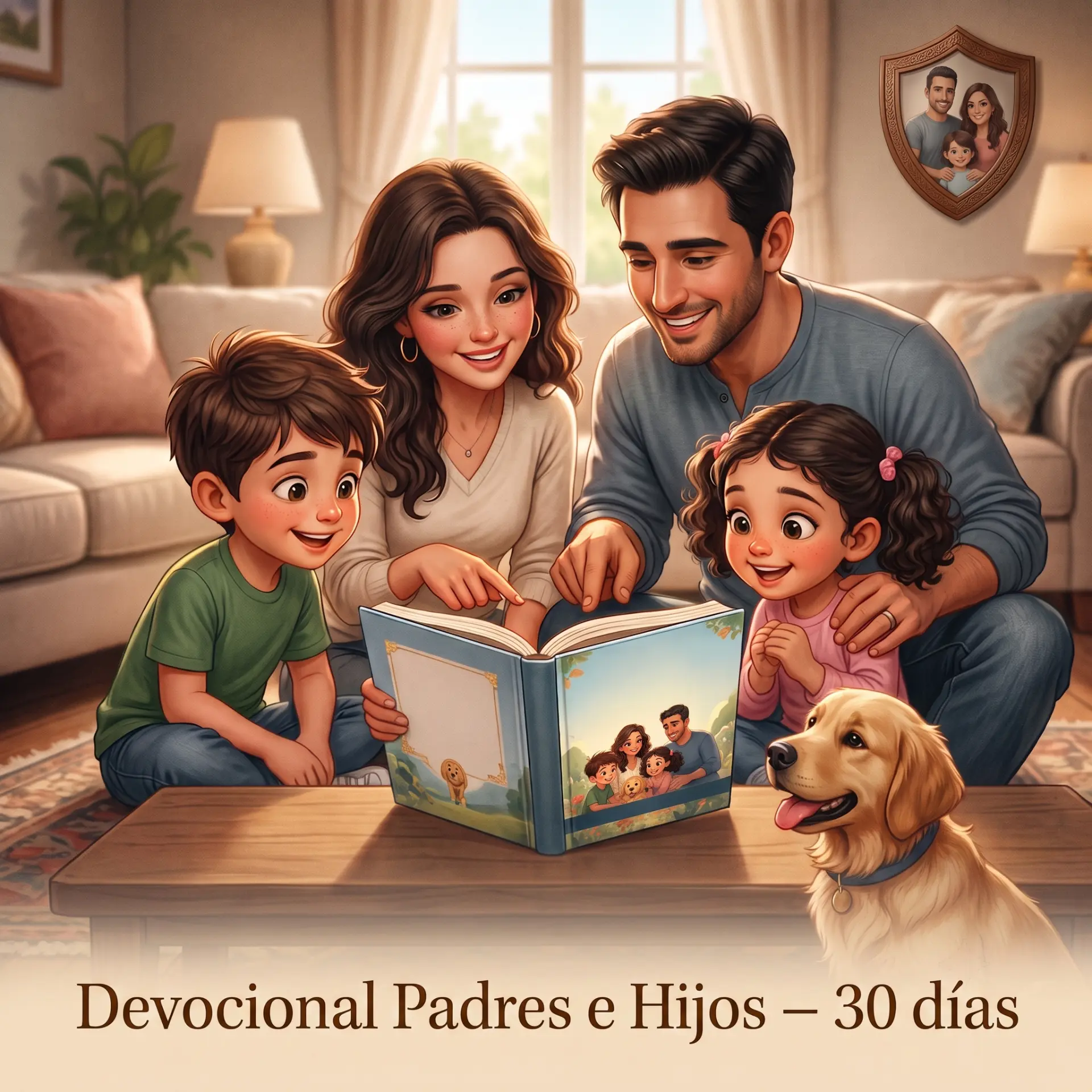 Ilustración de una familia leyendo junta el devocional Padres e Hijos