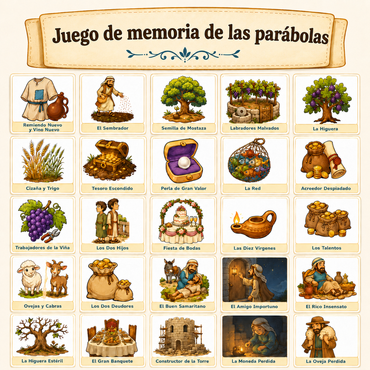 Tablero con las tarjetas del juego de memoria de las parábolas